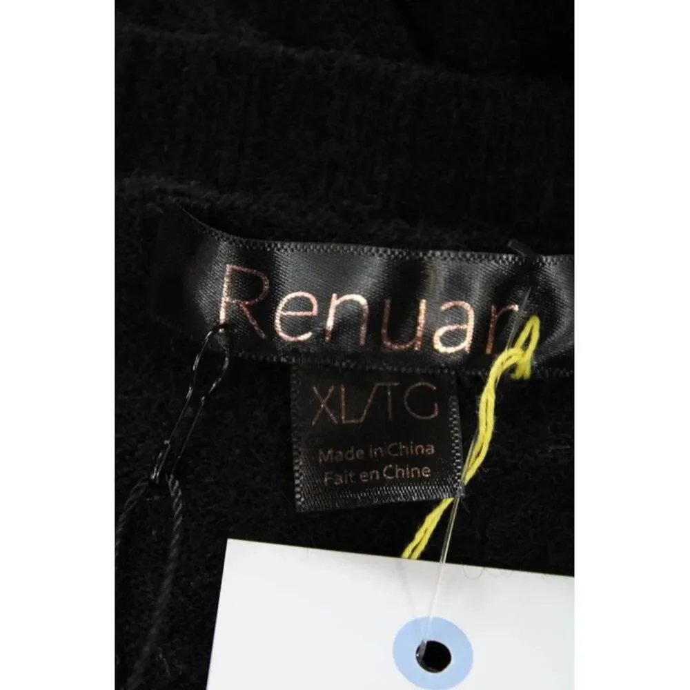 Renuar Womens Front Pockets Crew Neck Pullover Sweater Top Black Size XL